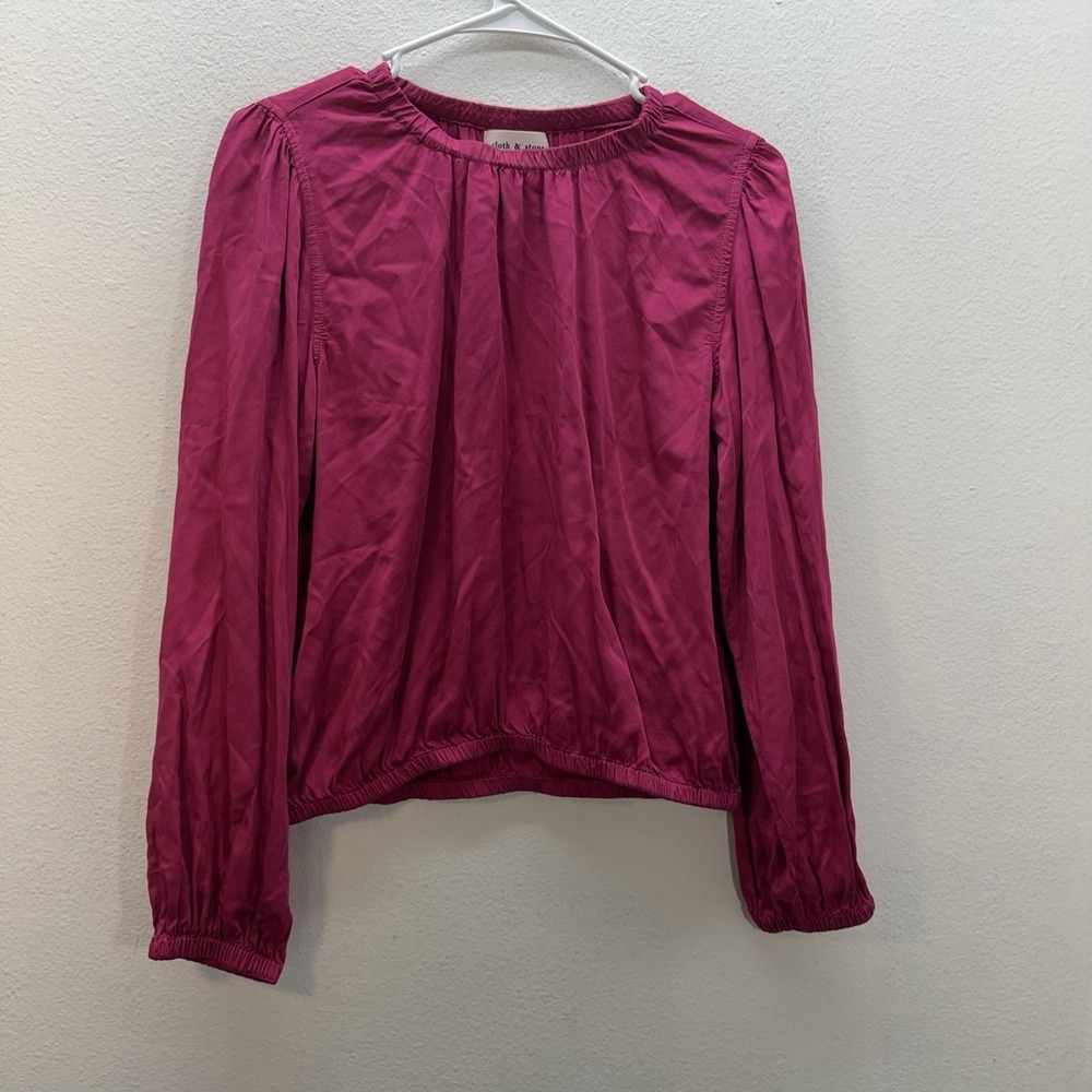 Cloth & Stone Anthropologie Hot Pink Satin Shirt Womens SZ S High Neck‎ Career